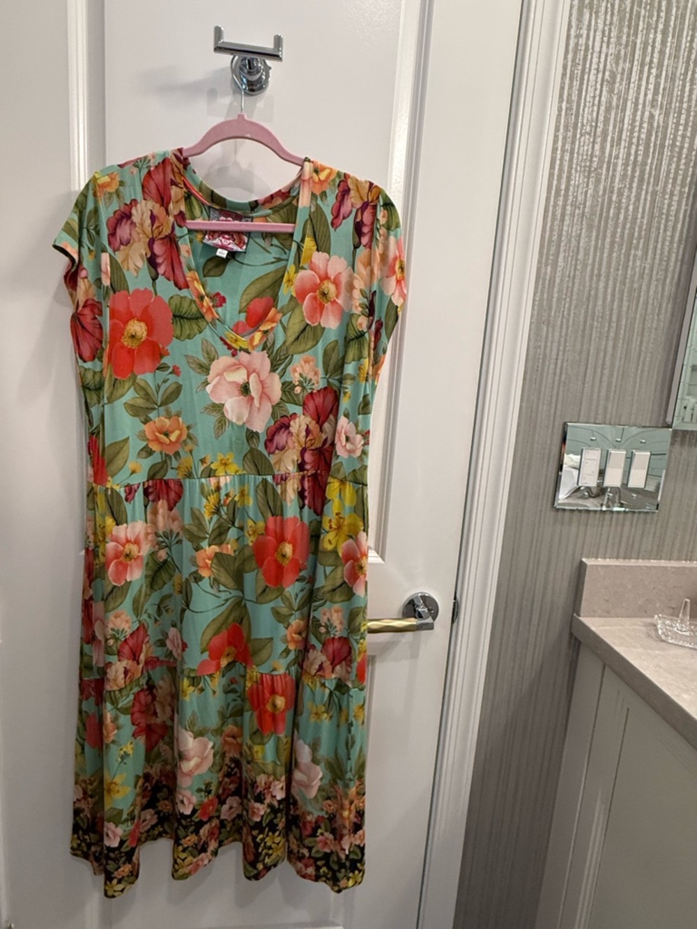 Johnny Was Floral Midi Dress in Teal, Red, Pink, Yellow